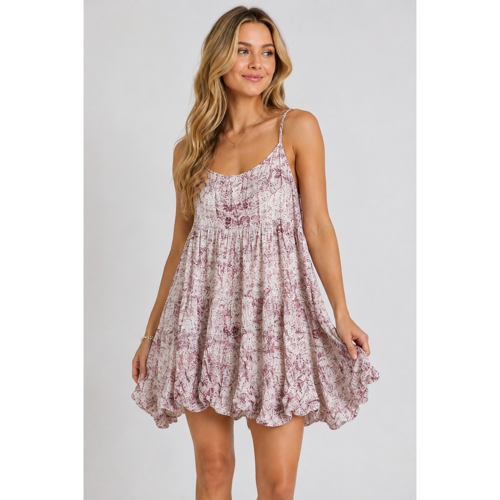 Others Follow Burgundy Abstract Print Tiered Babydoll Dress Women's M